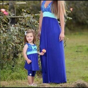 NEW Girls Handmade Matching Mommy & Me Sleeveless Blue & Lace Dress w Leggings